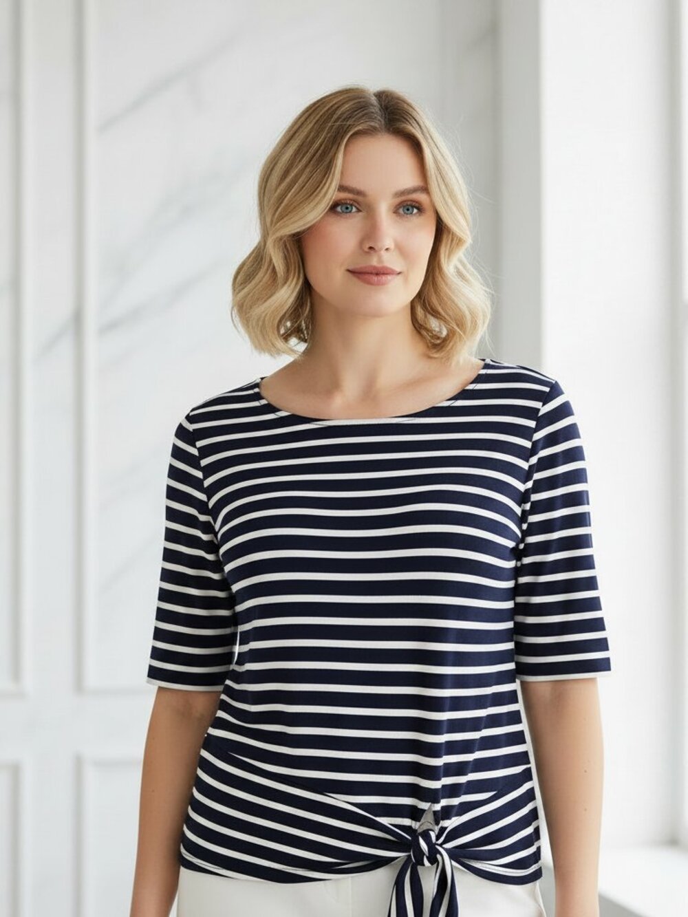 Chico's XL Top Blue White Striped SS‎ Tie Front Knit Casual Nautical Coastal